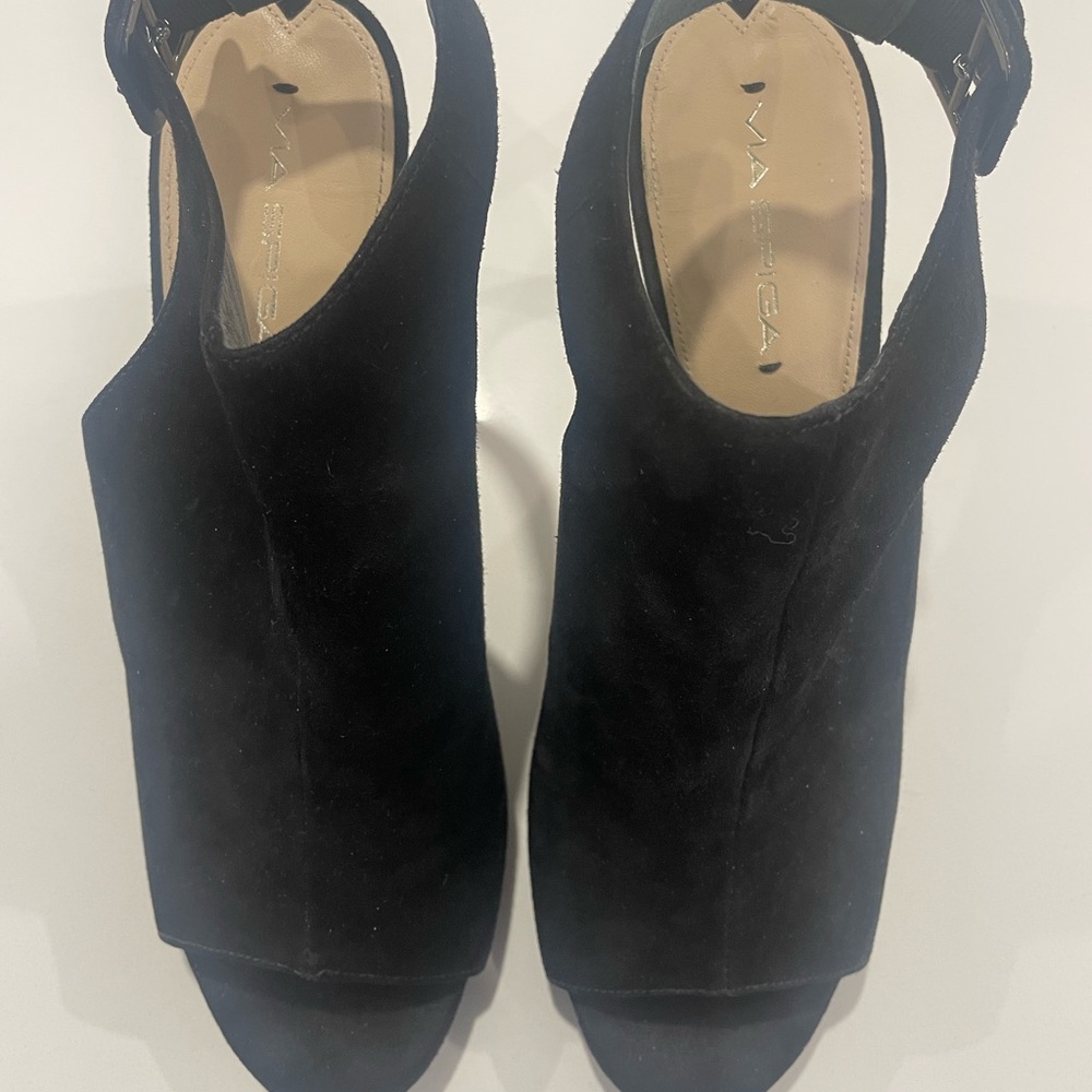 Via Spiga Black Suede Peep Toe Heels
